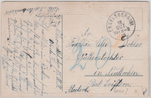 Bayern - Engelsberg Oby. 1918, K1 a. unfrankierter Karte/Nachporto n. Neukirchen