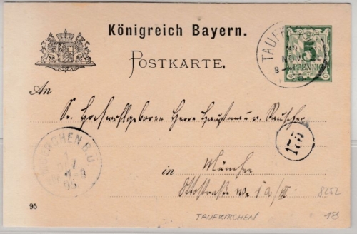 Bayern - Taufkirchen 1895, K1 a. 5 Pfg. GA-Karte n. München