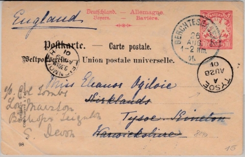 Bayern - 10 Pfg. Wappen, GA-Karte n. ENGLAND, Berchtesgaden - Tysoe 1901