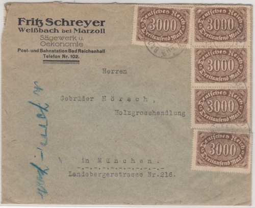 DR-Infla - 25x3.000 M. Queroval, Brief Bad Reichenhall - München 1923