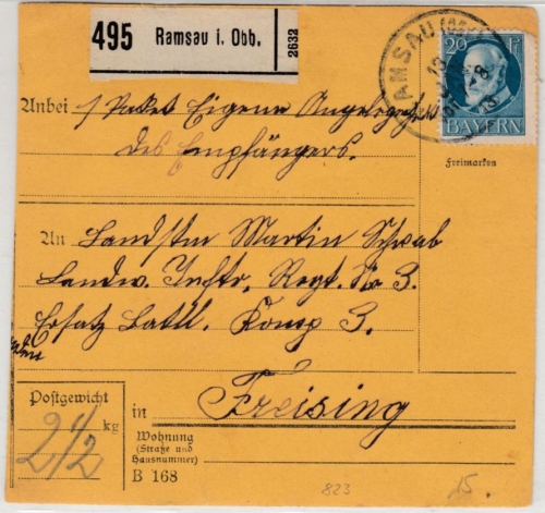 Bayern - 20 Pfg. Ludwig, Paketkarte/Soldatenpaket Ramsau - Freising 1918