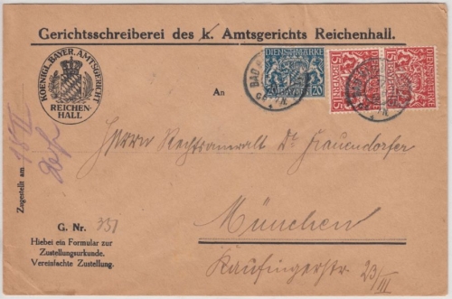Bayern - 2x15+20 Pfg. Staatswappen, Zustellurkunde Bad Reichenhall -München 1919