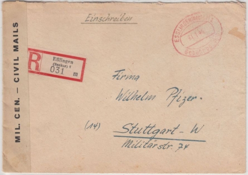 All.Bes. - Esslingen 31.1.46, Gebühr bezahlt, Oval-Stpl. a. Einschreibebrief n.