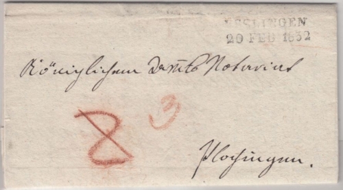 Württemberg - Esslingen 20 FEB 1832, L2 a. Portobrief n. Plochingen, mit Inhalt