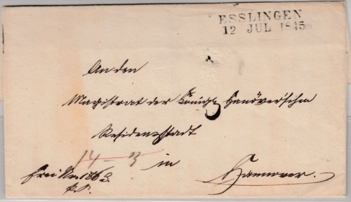 Württemberg/Hannover - Esslingen 12 JUL 1845, L2 a. Dienstbrief n. Hannover
