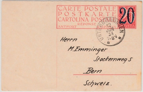 DR/Schweiz - Unterboihingen 1924, K1 a. 20 a. 25 Rp. GA-Karte/A-Teil n. Bern