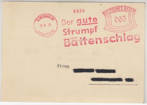 DR - 3 Pfg. AFS "Battenschlag Strumpf", Drucks.karte 1933 - Werbetext !!!!