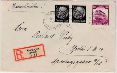 DR - 40 Pfg. Eisenbahn u.a., Einschreibebrief Geislingen (Steige) - Berlin 1935