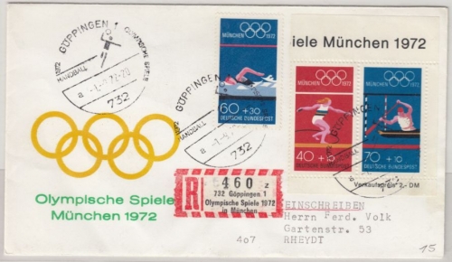 BRD - Göppingen 1972, Olympische Spiele, Sonder-R-Zettel a. Schmuck-Kuvert + SST