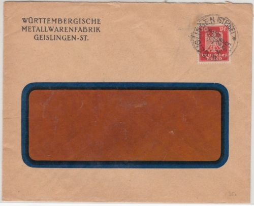 DR - 10 Pfg. Adler/Perfin "WMF", illustr. Firmenbrief Geislingen 1926