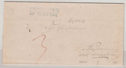 Württemberg - Geislingen 20 MART (1)851, blauer L2 a. Francobrief n. Pfahlbronn