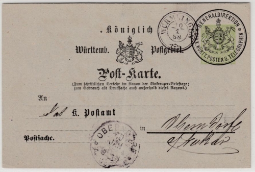 Württemberg - 1 Kr. GA-Karte m. Überdruck/Formularaufbrauch, Würmlingen 1888