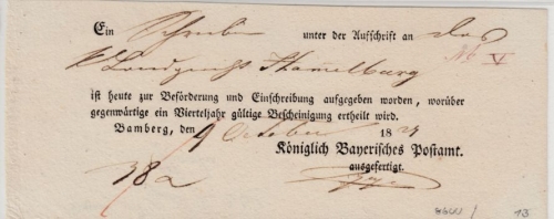 Bayern - Bamberg 1827, Briefpost-Aufgabeschein (Teilvordruck) n. Hammelburg