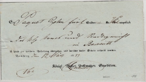 Bayern - Bamberg Fahrpost-Aufgabeschein (Ortsvordruck) n. Bayreuth 1833
