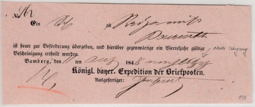Bayern - Bamberg 1848, Briefpostaufgabeschein (Teilvordruck), hds. Vermerk "nach