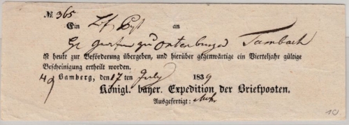 Bayern - Bamberg 1839, Briefpostaufgabeschein (Teilvordruck) n. Tambach