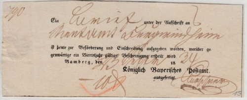 Bayern - Bamberg 1834, Briefpostaufgabeschein (Teilvordruck)