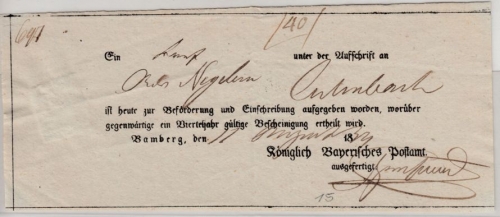 Bayern - Bamberg 1837, Briefpostaufgabeschein (Teilvordruck)