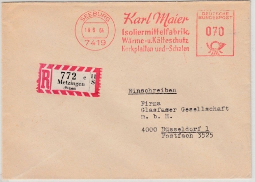 BRD - 70 Pfg. AFS "Maier Isoliermittelfabrik", Einschreibebrief Seeburg 1964 n.