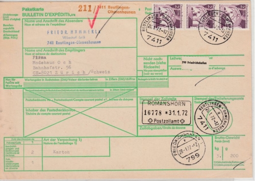 BRD - 3x2 M. Bauwerke, Paketkarte i.d. SCHWEIZ, Reutlingen-Ohmenhausen 1972 n.