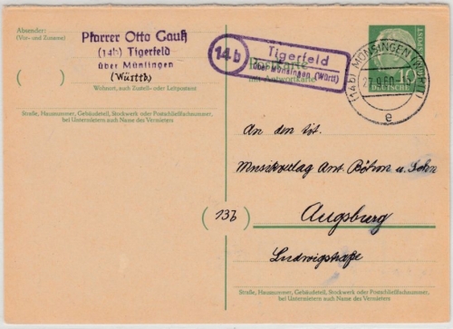 BRD - (14b) Tigerfeld ü. Münsingen, Landpost-Ra2 a. GA-Karte n. Augsburg 1960