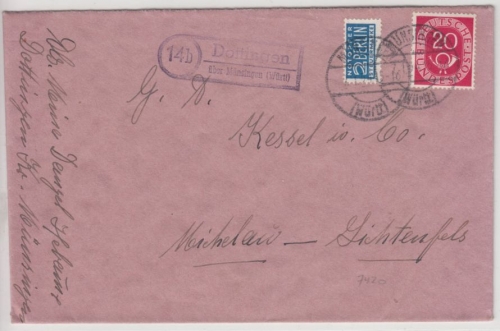 BRD - (14b) Dottingen ü. Münsingen, Landpost-Ra2 a. Brief n. Michelau 1954