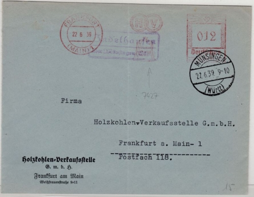 DR - Indelhausen ü. Münsingen, Landpost-Ra2 a. Antwortkuvert n. Frankfurt 1939