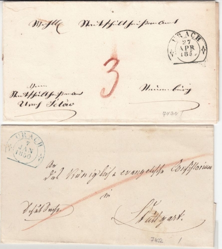 Württemberg - Urach, Steigbügel-Stpl. blau/schwarz, 2 Briefe 1850/1854