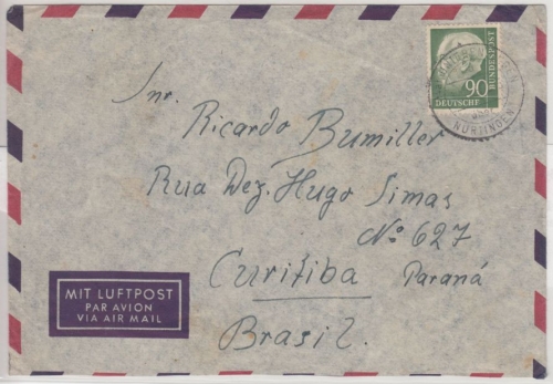BRD - Unterensingen ü. Nürtingen, Poststelle I, Lupo-Brief n. BRASILIEN 1956 n.
