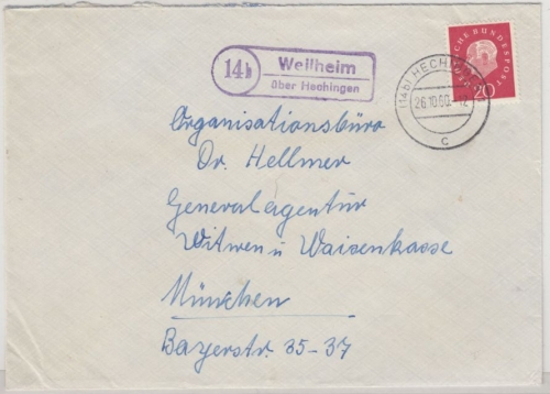 BRD - (14b) Weilheim ü. Hechingen, Landpost-Ra2 a. Brief n. München 1960