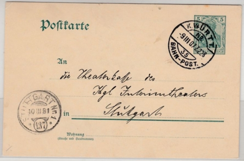 DR - K.Württ.Bahn-Post 35, Z.228, 5 Pfg. GA-Karte v. Balingen - Stuttgart 1907