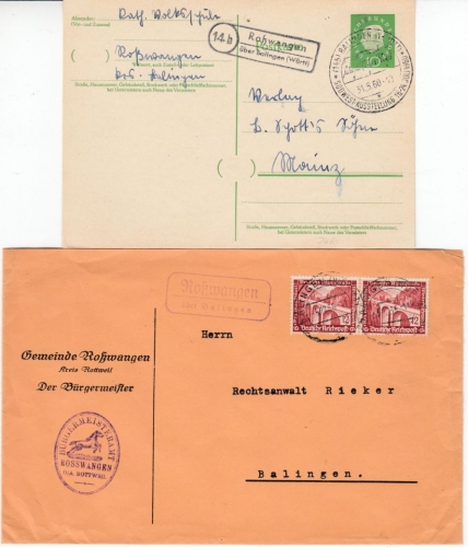 DR/BRD - Roßwangen ü. Balingen, Landpost-Ra2, 2 versch.Typen a. Belegen 1936/60