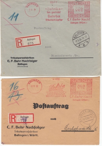 DR - Balingen 1934/35, 2 versch. 62 Pfg. AFS "Behr Trikot" a. R-Postaufträgen