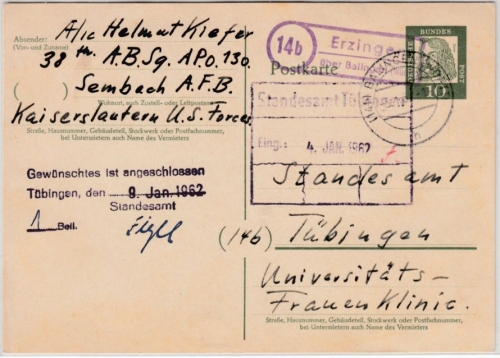 BRD - (14b) Erzingen ü. Balingen, Landpost-Ra2 a. GA-Karte n. Tübingen