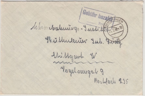 All.Bes. - Sigmaringen 31.5.48, Gebühr bezahlt Ra2 a. Brief n. Stuttgart