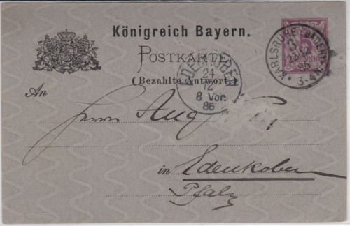Bayern - Karlsruhe (Baden) 3, K1 a. 5 Pfg. GA-Karte/A-Teil, Fremdverwendung n.