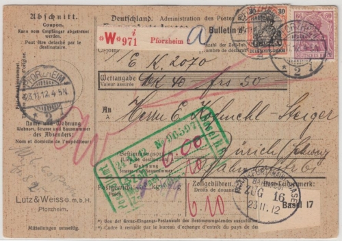 DR - 60+30 Pfg. Germania/Perfin, Wertpaketkarte i.d. SCHWEIZ, Pforzheim 1912 n.
