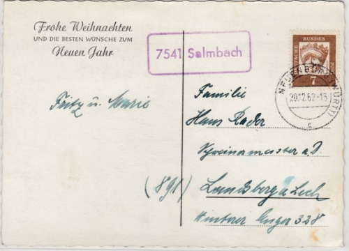 BRD - 7541 Salmbach, Ra1 a. Karte Neuenbürg (aptiert !) - Landsberg 1962