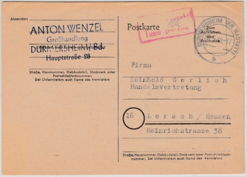 All.Bes. - Durmersheim 26.5.48, Gebühr bezahlt/taxe percue Ra2 a. Karte n Lorsch
