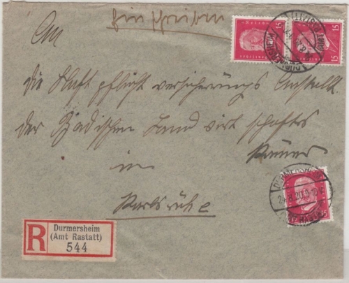 DR - 3x15 Pfg. Hindenburg, Einschreibebrief Durmersheim - Karlsruhe 1930