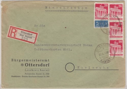 Bizone - Ottersdorf ü. Rastatt, Poststelle I, Einschreibebrief n. Karlsruhe 1950