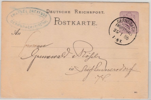 DR - Gernsbach (Murgthal) 1886, KOS a. 5 Pfg. GA-Karte n. Seifhennersdorf