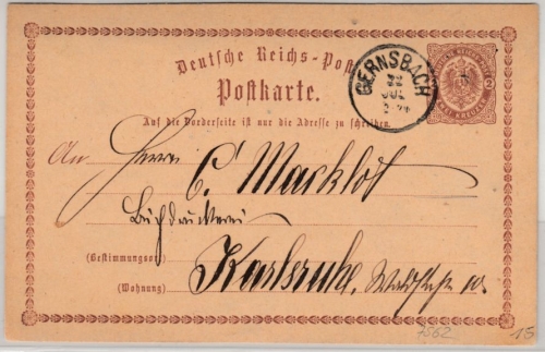 DR - Gernsbach (1872), K1 a. 2 Kr. GA-Karte n. Karlsruhe