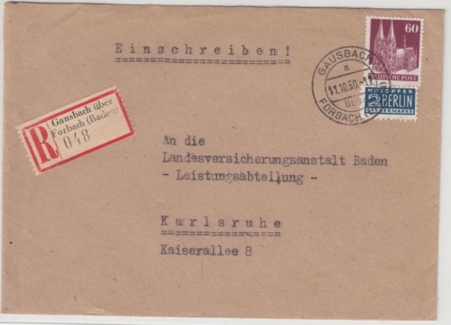 Bizone - Gausbach ü. Forbach, Poststelle I, Einschreibebrief n. Karlsruhe