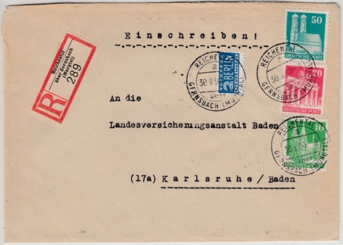 Bizone - Reichental ü. Gernsbach Poststelle I Einschreibebrief n. Karlsruhe 1950
