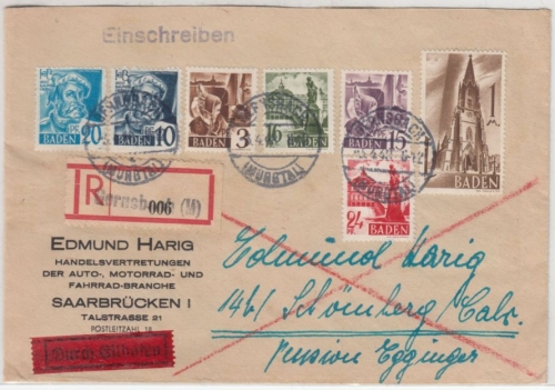 FZ-Baden - 1. Freimarken-Ausg., div. Werte, Eil-Einschreibebrief Gernsbach 1948
