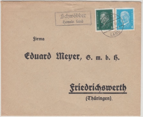 DR - Schwöbber Hameln Land, Landpost-Ra2 a. Brief n. Friedrichswerth 1932