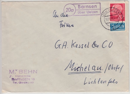 BRD - (20a) Barnsen ü. Uelzen, Landpost-Ra2 a. Brief n. Michelau 1955