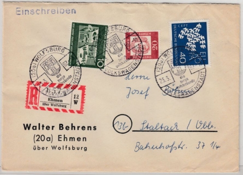 BRD - Ehmen ü. Wolfsburg, Poststelle I, Einschreibebrief n. Staltach 1962
