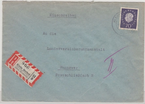 BRD - Klein Berkel ü. Hameln, Poststelle I, Einschreibebrief n. Hannover 1961